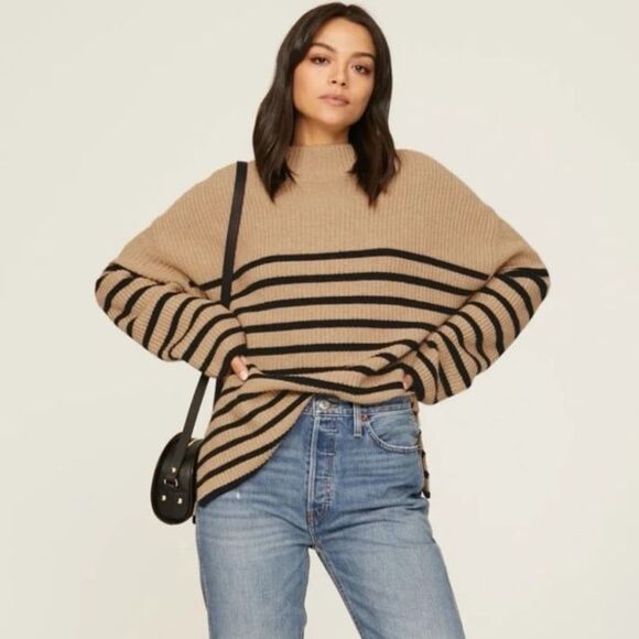 Rails Claudia Stripe Funnel Neck Sweater in Camel/Ebony Size Large - Picture 4 of 11